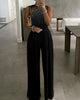 Chicme- Studded Cutout Ruched Wide Leg Jumpsuit (BLACK)