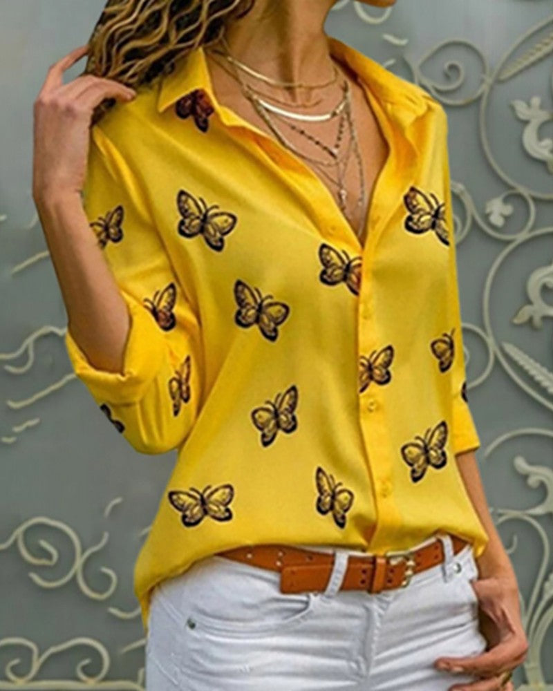 Chicme- Butterfly Print Button Design Blouse