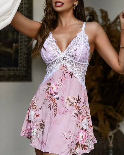 Chicme- Guipure Lace Satin Floral Print Nightgown