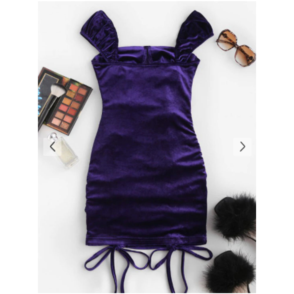 Zaful- Cinched Velvet Mini Bodycon Dress - Purple
