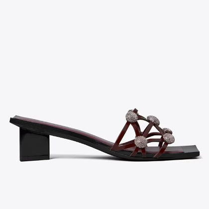 Tory Burch- Crystal Bobble Heeled Mule Sandal - Plum / Plum