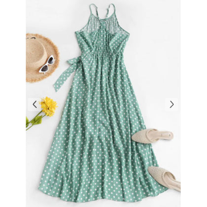 Zaful- Polka Dot Ruffles Tie Waist Midi Dress - Green S