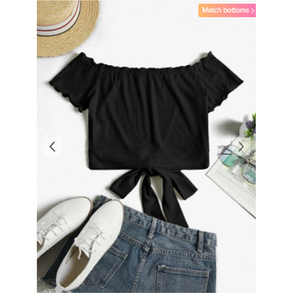 Zaful- Off Shoulder Ribbed Knotted Frilled Crop Tee - Black