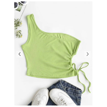 Zaful- One Shoulder Rib-knit Side Cutout Tie Top - Green