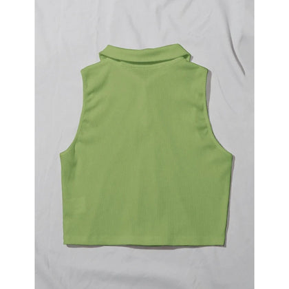 Romwe- Ribbed Half-Button Cropped Tank Top