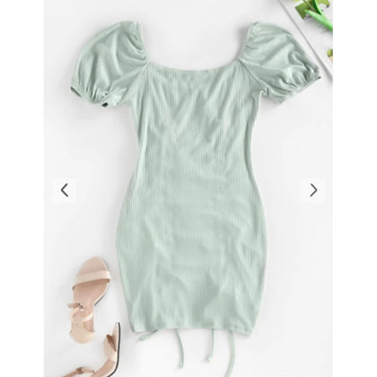 Zaful- Ribbed Cinched Bodycon Mini Dress - Light Green