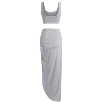 Zaful- Marled Tank Top And Twist High Slit Skirt Set - Gray