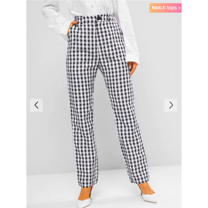 Zaful- Gingham Pocket Straight Pants - Black