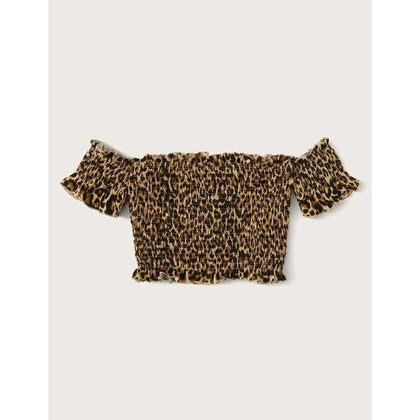 Romwe- Leopard Print Bardot Shirred Frill Trim Top