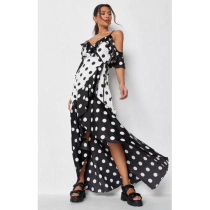 Missguided- Black Polka Dot Ruffle Wrap Maxi Dress