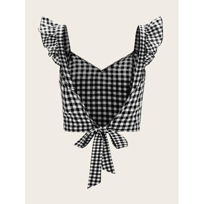 Romwe- Ruffle Strap Tied Open Back Buffalo Plaid Top