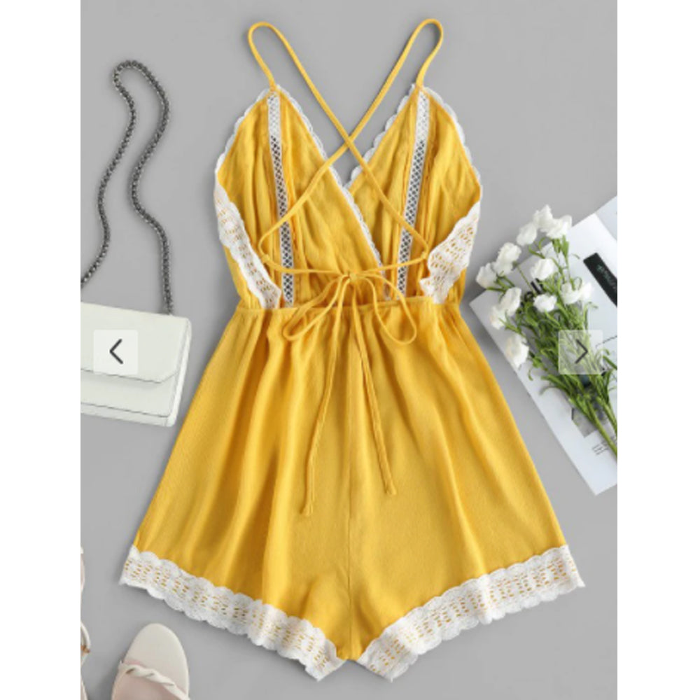 Zaful- Lace Insert Hollow Out Crisscross Backless Romper - Goldenrod
