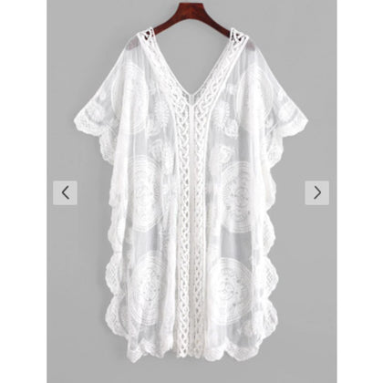 Zaful- Embroidered Sheer Mesh Kaftan Dress - White