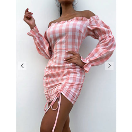 Zaful- Off Shoulder Cinched Plaid Mini Dress - Pink