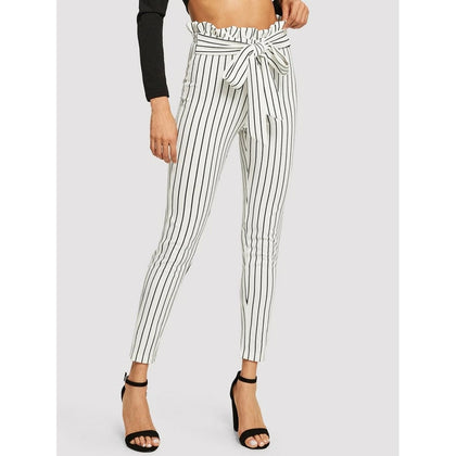 Romwe- Frill Trim Bow Tie Waist Striped Pants