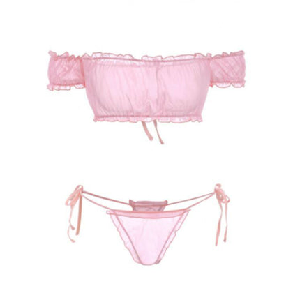 Zaful- Chiffon Frilled Tied Sheer Lingerie Set - Light Pink