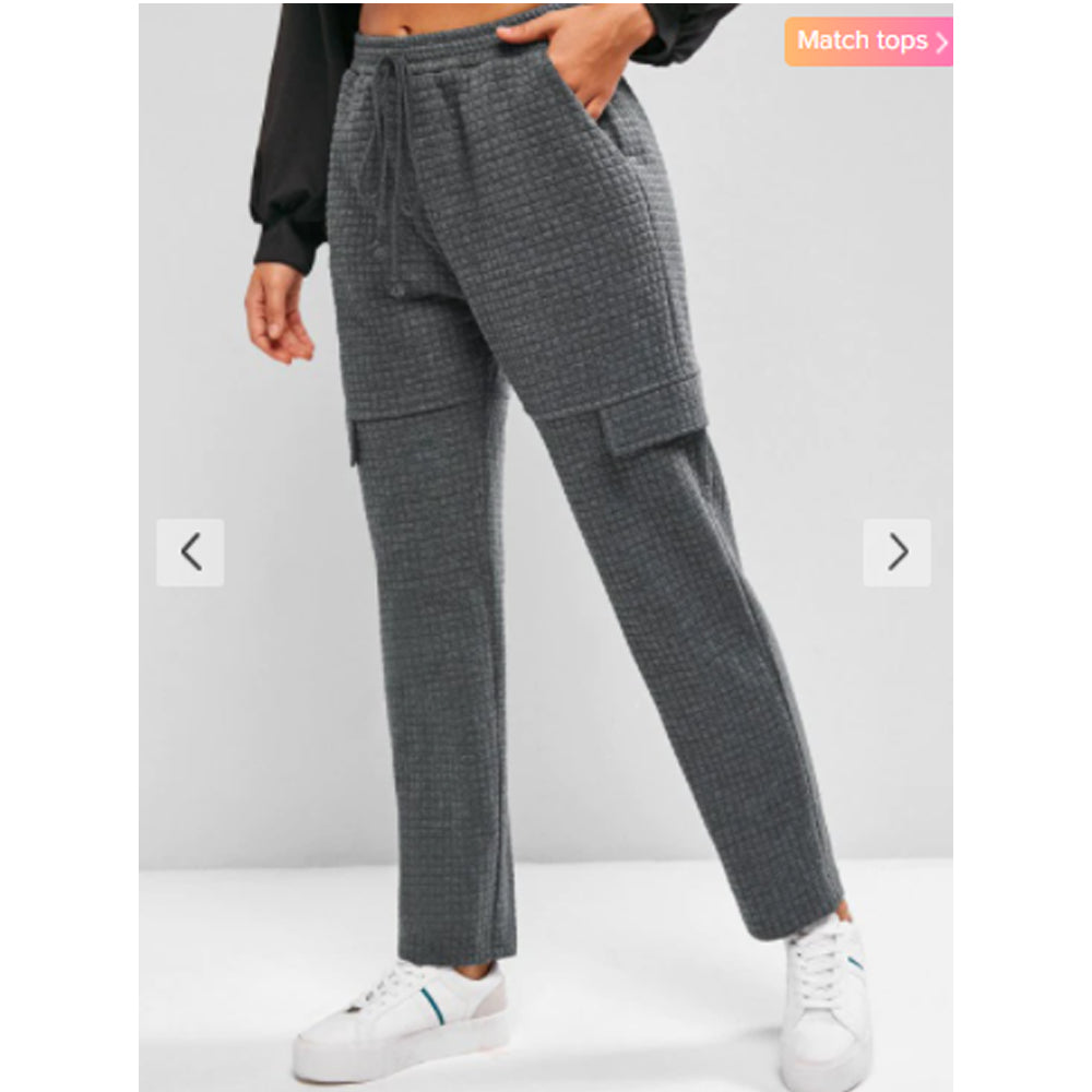 Zaful- Quilted Flap Detail Bowknot Straight Pants - Carbon Gray