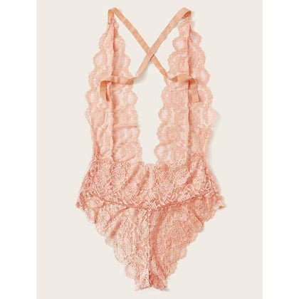 Romwe- Scalloped Trim Floral Lace Teddy Bodysuit