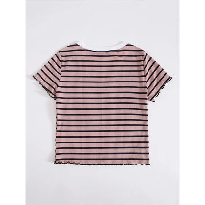 Romwe- Contrast Neck Lettuce Edge Striped Tee