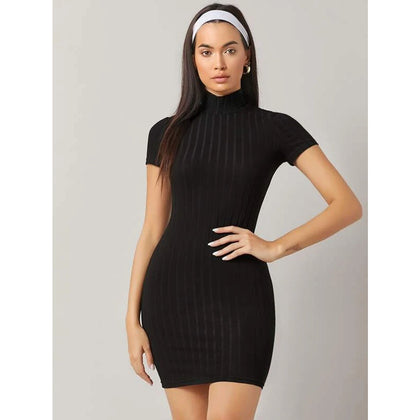 Romwe- Mock-Neck Rib-knit Dress