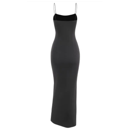 Zaful- Spaghetti Strap Thigh Split Slinky Maxi Dress - Black