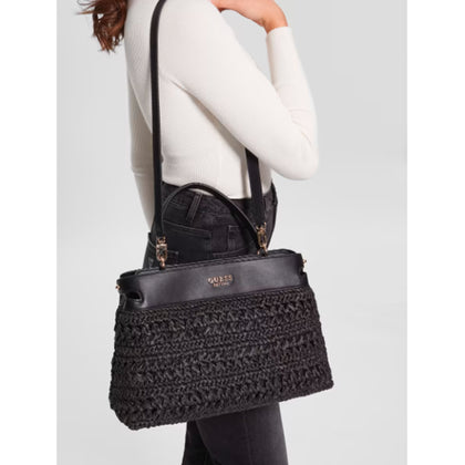 Guess- Liguria Crochet Straw Satchel (Black Floral Print)