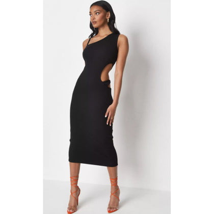 Missguided- Black Rib Cut Out Thong Detail Midaxi Dress