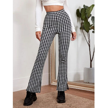 Romwe- Gingham High-Rise Flare Leg Pants