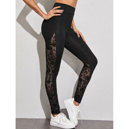 Romwe- High Waist Flocked Mesh Insert Leggings