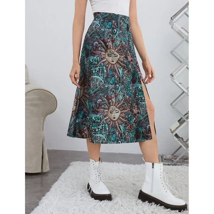 Romwe- Sun & Moon Graphic Split Skirt