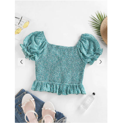 Zaful- Ditsy Print Smocked Puff Sleeve Peplum Blouse - Light Green