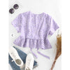 Zaful-  Ditsy Floral Plunge Tie Peplum Blouse - Light Purple