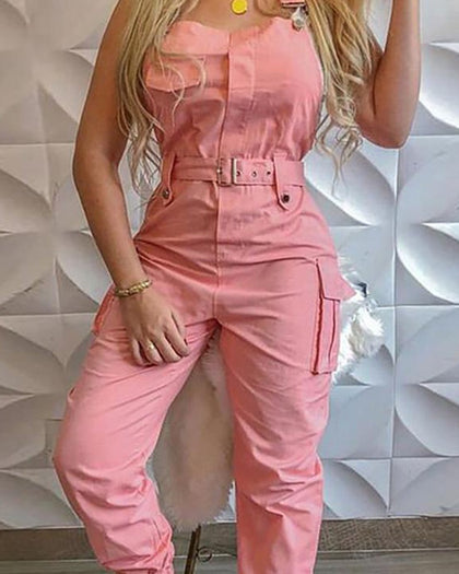 Chicme- Pocket Design Cargo Suspender Jumpsuit (PINK)