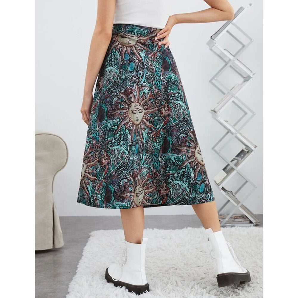 Romwe- Sun & Moon Graphic Split Skirt