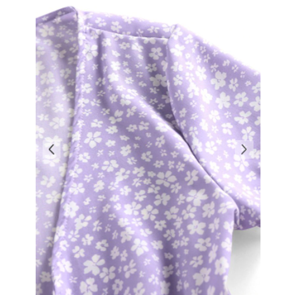 Zaful-  Ditsy Floral Plunge Tie Peplum Blouse - Light Purple