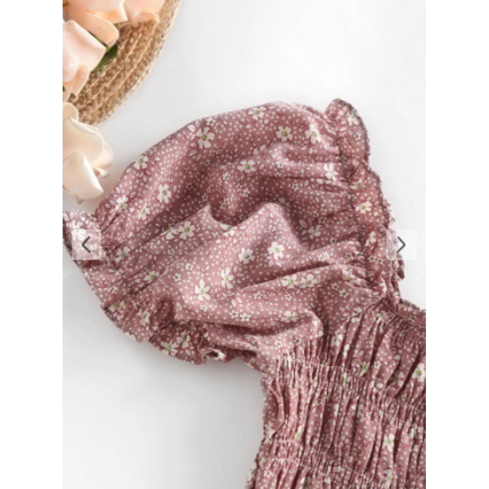 Zaful- Flower Print Shirred Ruffle Puff Sleeve Blouse - Light Pink