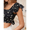 Romwe- Ruffle Trim Tied Backless Floral Crop Top
