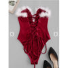 Zaful-  Faux Feather Lace Up Velvet V Wired Bandeau Bodysuit - Red