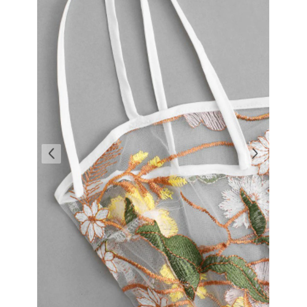 Zaful- Tie Shoulder Floral Embroidered Sheer Mesh Dress - Multi