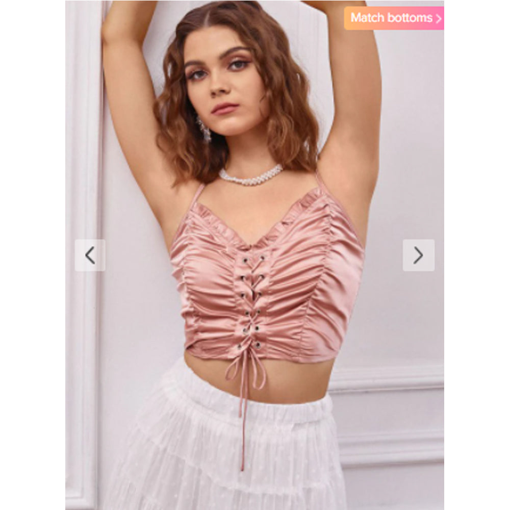 Zaful- Ruched Lace Up Smocked Crop Top - Rose