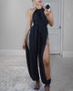 Chicme- Sleeveless Ruched Slit Jumpsuit (BLACK)