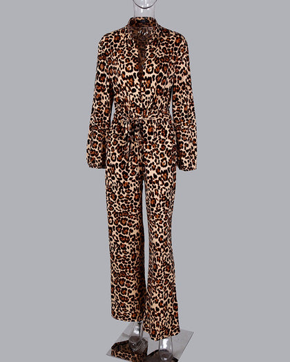 Chicme- Leopard Print Button Design Wide Leg Jumpsuit
