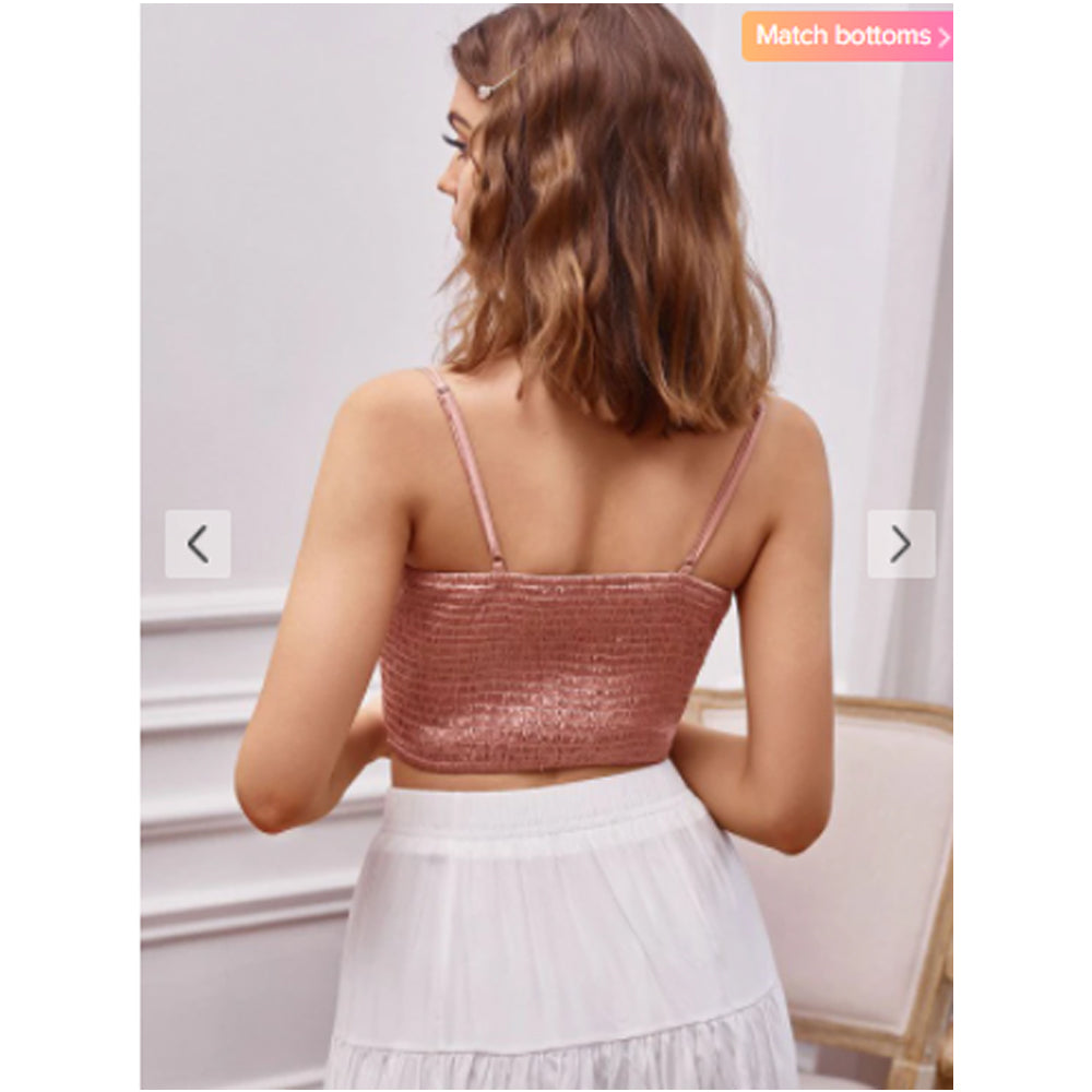Zaful- Ruched Lace Up Smocked Crop Top - Rose