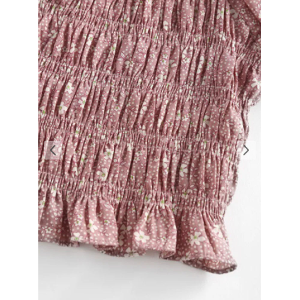 Zaful- Flower Print Shirred Ruffle Puff Sleeve Blouse - Light Pink