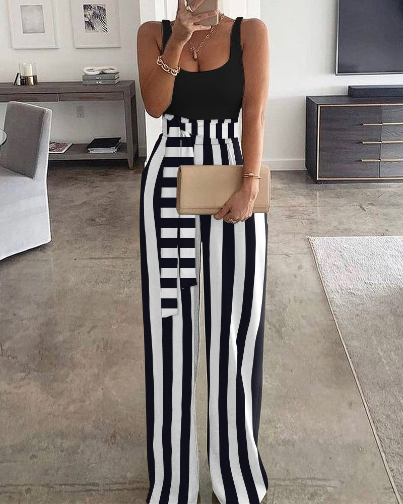 Chicme- Striped Patchwork Straight Jumpsuit