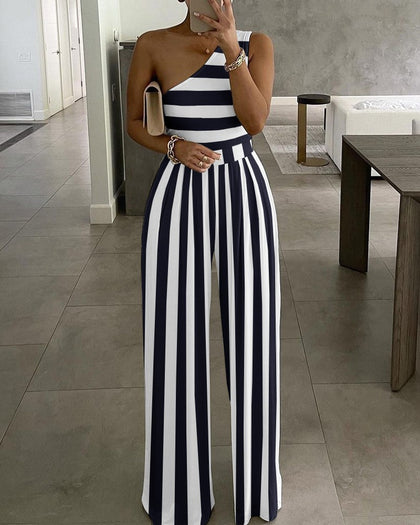 Chicme- One Shoulder Striped Colorblock Jumpsuit