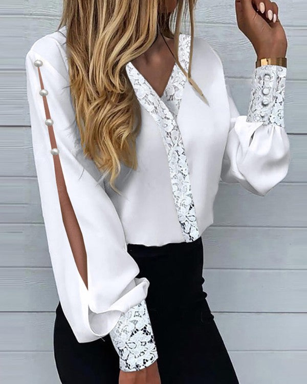Chicme- Lace Patch Buttoned Slit Lantern Sleeve Top