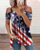 Chicme- Independent Day Flag Print Cold Shoulder Zipper Decor T-Shirt