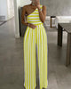 Chicme- One Shoulder Striped Colorblock Jumpsuit