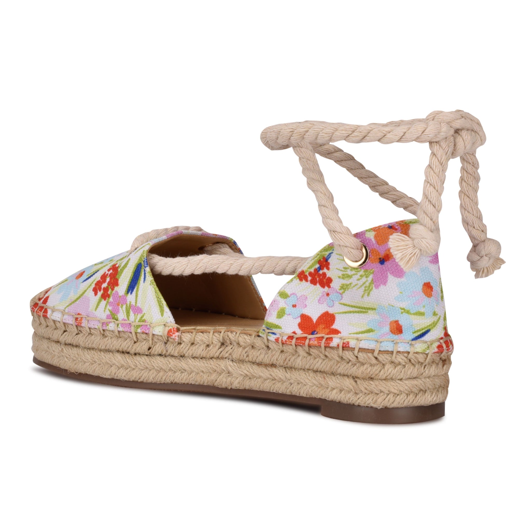 Ninewest- Meaks Ankle Wrap Espadrille Flats (WHITE FLORAL PRINT)